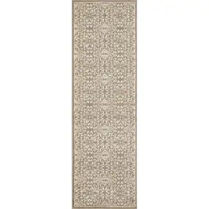 Photo of 6' Taupe and Ivory Floral Non Skid Runner Rug