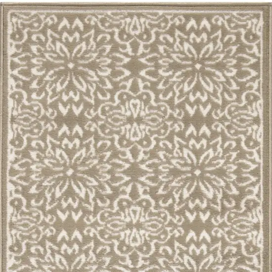 7' Taupe and Ivory Floral Runner Rug Photo 4