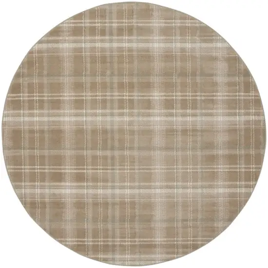 8' Taupe and Ivory Plaid Round Rug Photo 2