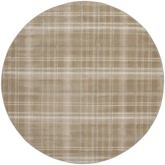 8' Taupe and Ivory Plaid Round Rug Photo 5