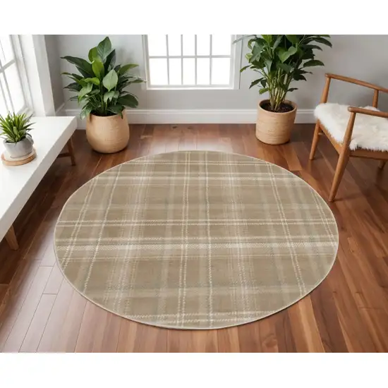 8' Taupe and Ivory Plaid Round Rug Photo 1