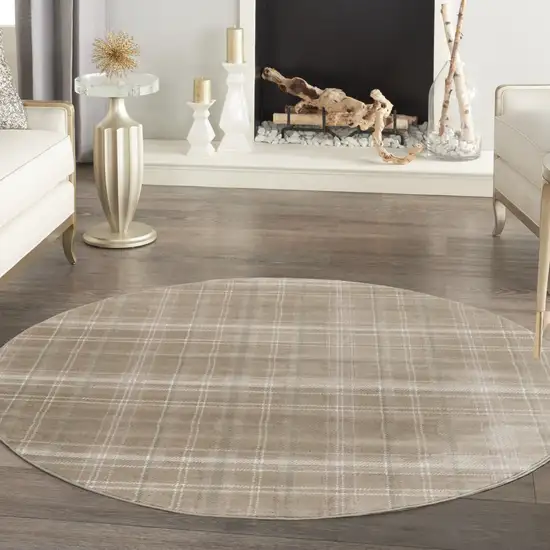 8' Taupe and Ivory Plaid Round Rug Photo 7