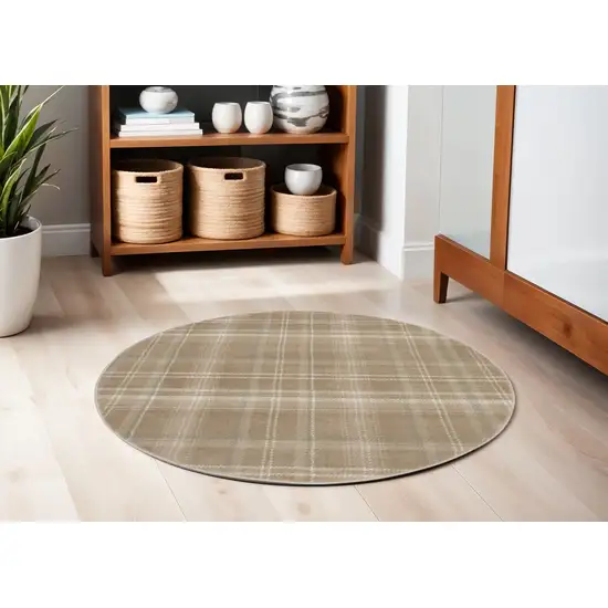 4' Taupe and Ivory Plaid Round Rug Photo 1