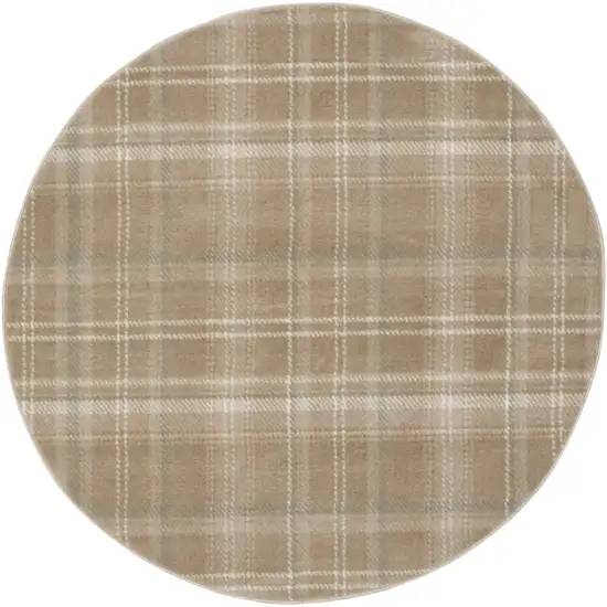 4' Taupe and Ivory Plaid Round Rug Photo 5