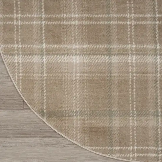 4' Taupe and Ivory Plaid Round Rug Photo 8