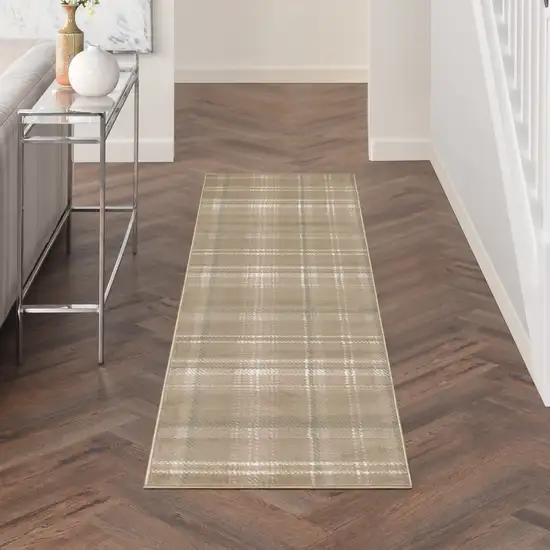 10' Taupe and Ivory Plaid Runner Rug Photo 7