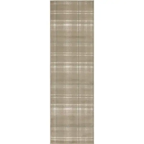 10' Taupe and Ivory Plaid Runner Rug Photo 4