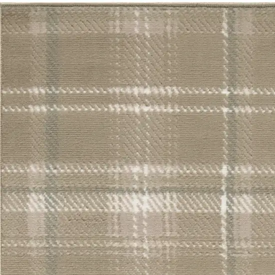 12' Taupe and Ivory Plaid Runner Rug Photo 5