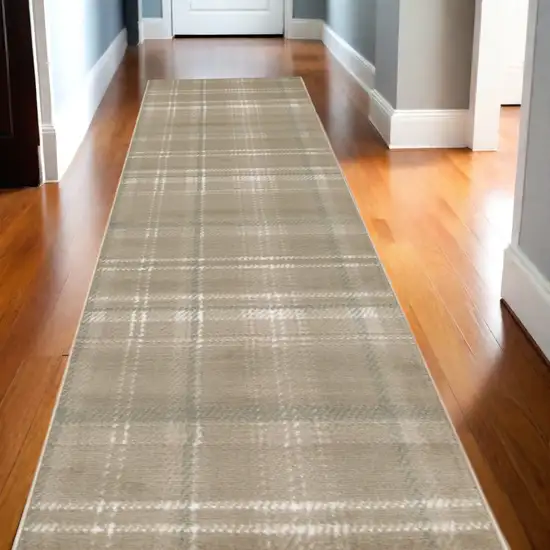 12' Taupe and Ivory Plaid Runner Rug Photo 1