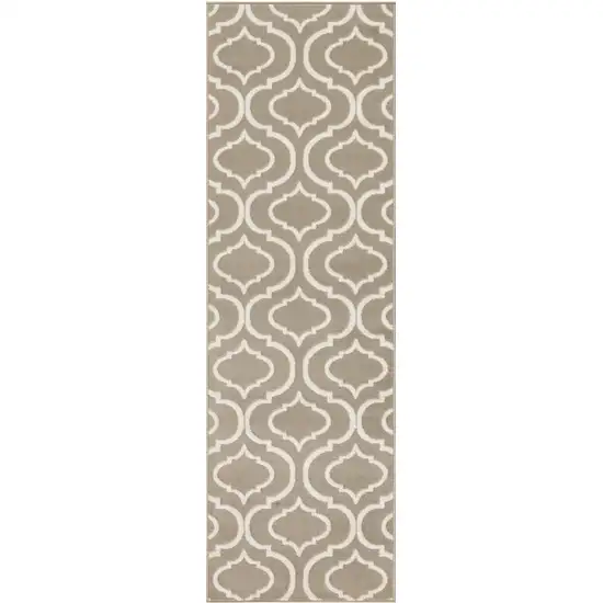 7' Taupe and Ivory Trellis Runner Rug Photo 2