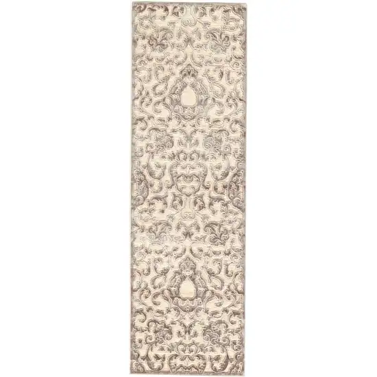 8' Taupe and Tan Floral Power Loom Runner Rug Photo 2