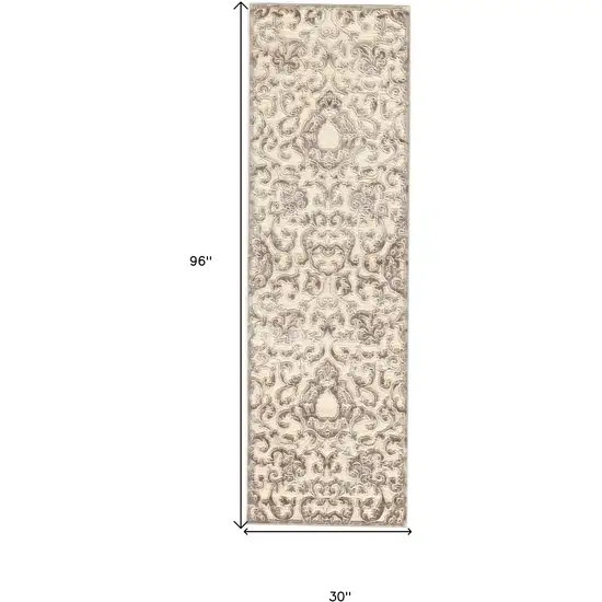 8' Taupe and Tan Floral Power Loom Runner Rug Photo 3