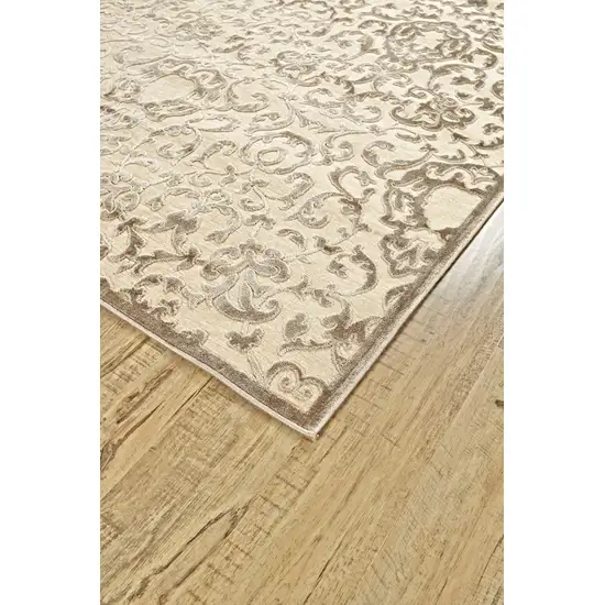 8' Taupe and Tan Floral Power Loom Runner Rug Photo 4