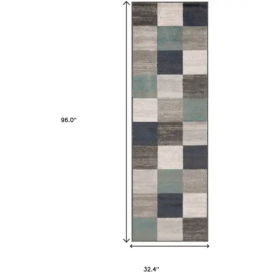 8' Teal And Gray Geometric Power Loom Stain Resistant Runner Rug Photo 6