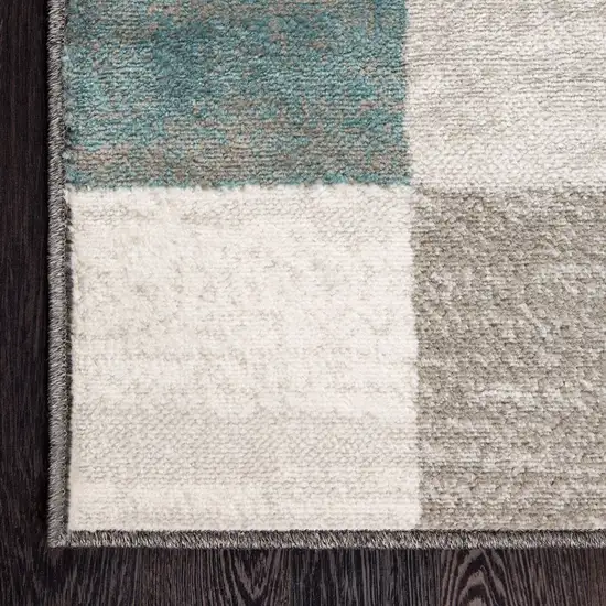 8' Teal And Gray Geometric Power Loom Stain Resistant Runner Rug Photo 3