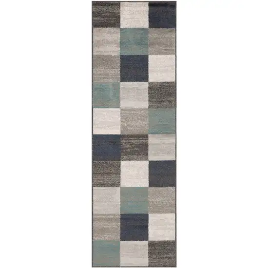 8' Teal And Gray Geometric Power Loom Stain Resistant Runner Rug Photo 1