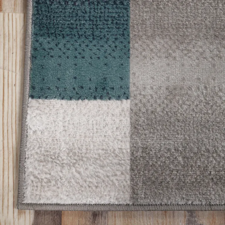 8' Teal And Gray Patchwork Power Loom Stain Resistant Runner Rug Photo 3