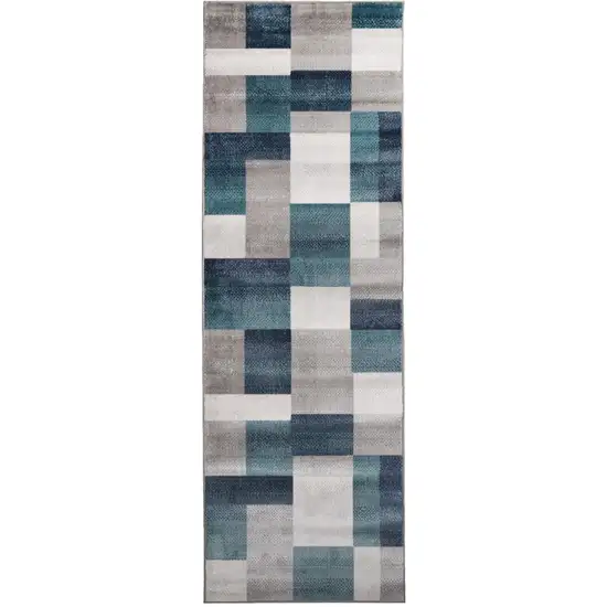 8' Teal And Gray Patchwork Power Loom Stain Resistant Runner Rug Photo 1