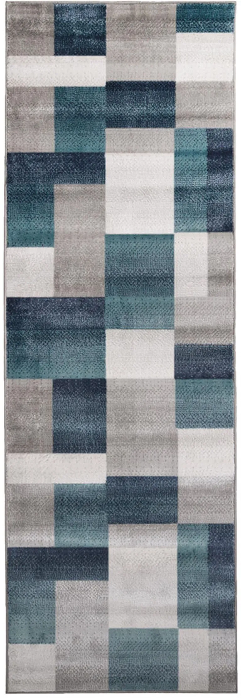 8' Teal And Gray Patchwork Power Loom Stain Resistant Runner Rug Photo 1