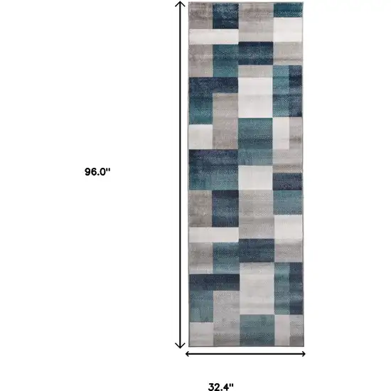 8' Teal And Gray Patchwork Power Loom Stain Resistant Runner Rug Photo 6