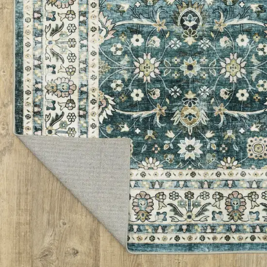 8' Teal And Ivory Oriental Distressed Runner Rug Photo 7