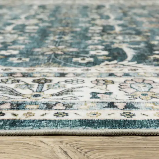 8' Teal And Ivory Oriental Distressed Runner Rug Photo 5