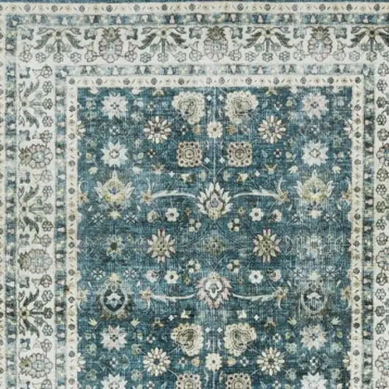 8' Teal And Ivory Oriental Distressed Runner Rug Photo 9