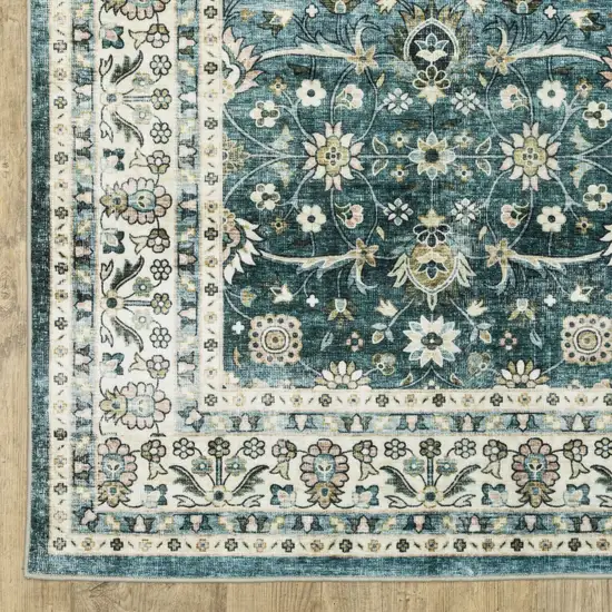 8' Teal And Ivory Oriental Distressed Runner Rug Photo 8