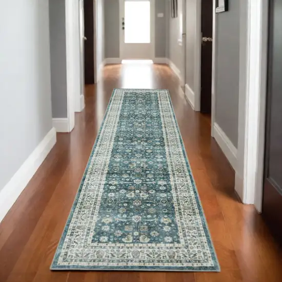 8' Teal And Ivory Oriental Distressed Runner Rug Photo 1