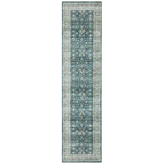 8' Teal And Ivory Oriental Distressed Runner Rug Photo 2