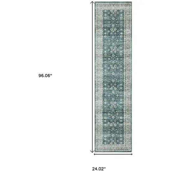 8' Teal And Ivory Oriental Distressed Runner Rug Photo 3