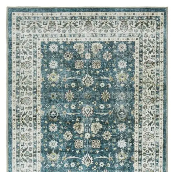 8' Teal And Ivory Oriental Distressed Runner Rug Photo 4