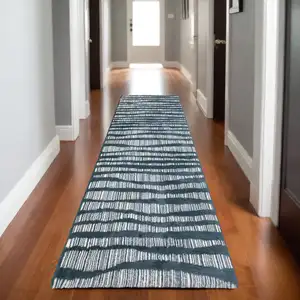 Photo of 8' Teal And Ivory Striped Runner Rug