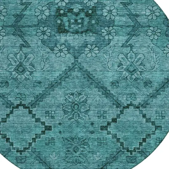 8' Teal Blue And Aqua Round Floral Washable Indoor Outdoor Area Rug Photo 6