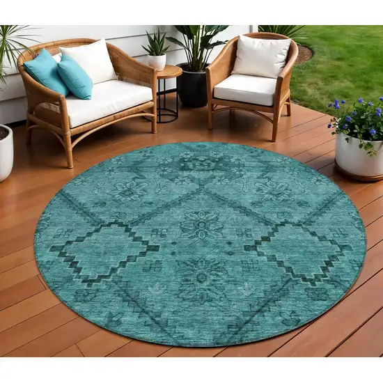 8' Teal Blue And Aqua Round Floral Washable Indoor Outdoor Area Rug Photo 1