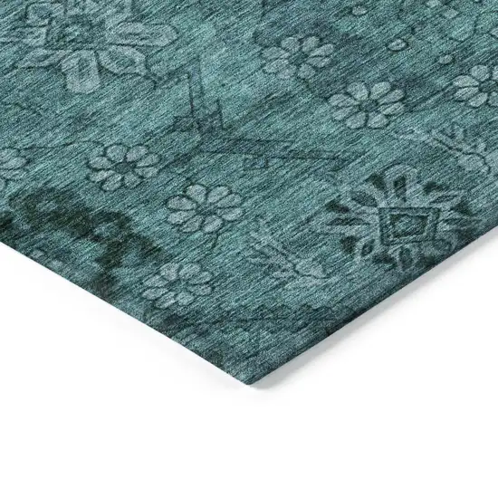 8' Teal Blue And Aqua Round Floral Washable Indoor Outdoor Area Rug Photo 5