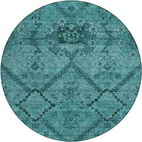 8' Teal Blue And Aqua Round Floral Washable Indoor Outdoor Area Rug Photo 2