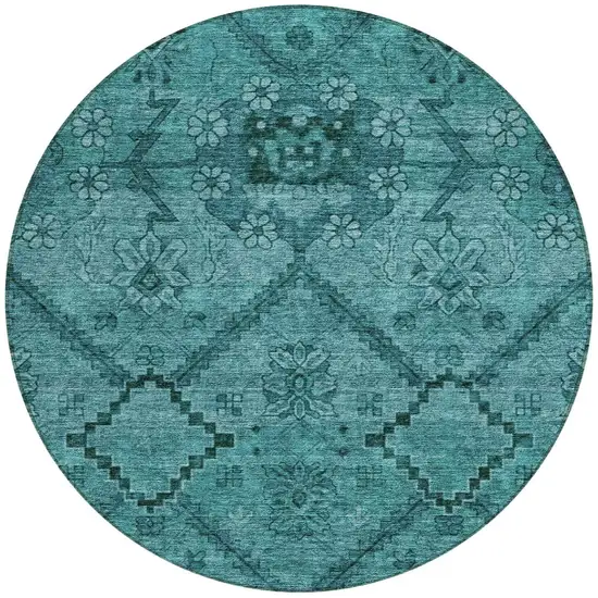 8' Teal Blue And Aqua Round Floral Washable Indoor Outdoor Area Rug Photo 7