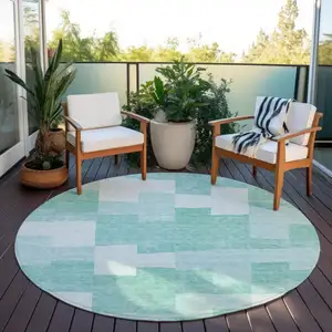 Photo of 8' Teal Blue And Aqua Round Geometric Washable Indoor Outdoor Area Rug