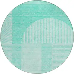 Photo of 8' Teal Blue And Aqua Round Geometric Washable Indoor Outdoor Area Rug