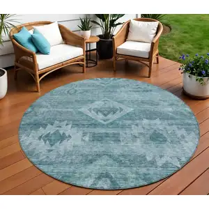 Photo of 8' Teal Blue And Aqua Round Southwestern Washable Indoor Outdoor Area Rug