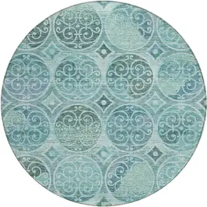 Photo of 8' Teal Blue And Aqua Round Trellis Washable Indoor Outdoor Area Rug