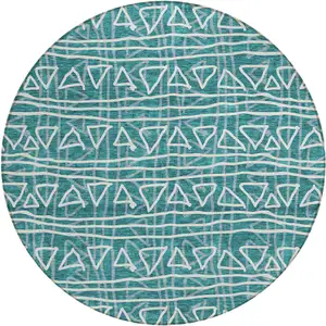 Photo of 8' Teal Blue And Ivory Round Geometric Washable Indoor Outdoor Area Rug