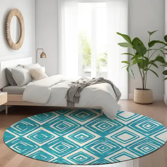 8' Teal Blue And Ivory Round Geometric Washable Indoor Outdoor Area Rug Photo 8