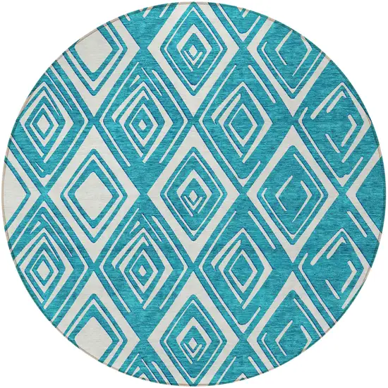 8' Teal Blue And Ivory Round Geometric Washable Indoor Outdoor Area Rug Photo 6