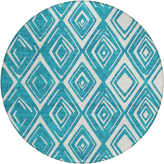 8' Teal Blue And Ivory Round Geometric Washable Indoor Outdoor Area Rug Photo 2