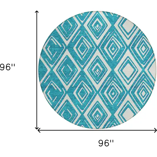 8' Teal Blue And Ivory Round Geometric Washable Indoor Outdoor Area Rug Photo 3