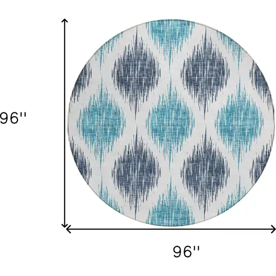 8' Teal Blue And Ivory Round Ikat Washable Indoor Outdoor Area Rug Photo 6