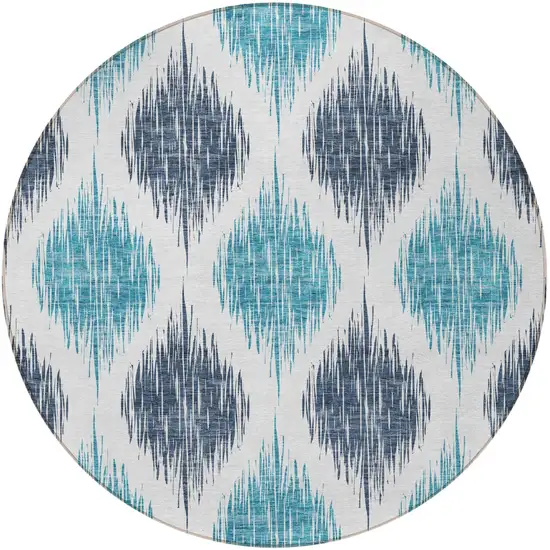 8' Teal Blue And Ivory Round Ikat Washable Indoor Outdoor Area Rug Photo 3