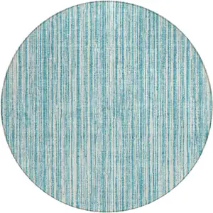 Photo of 8' Teal Blue And Ivory Round Striped Washable Indoor Outdoor Area Rug